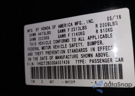 2016 Honda Accord Touring from USA, damaged, VIN 1HGCT2B00GA007436